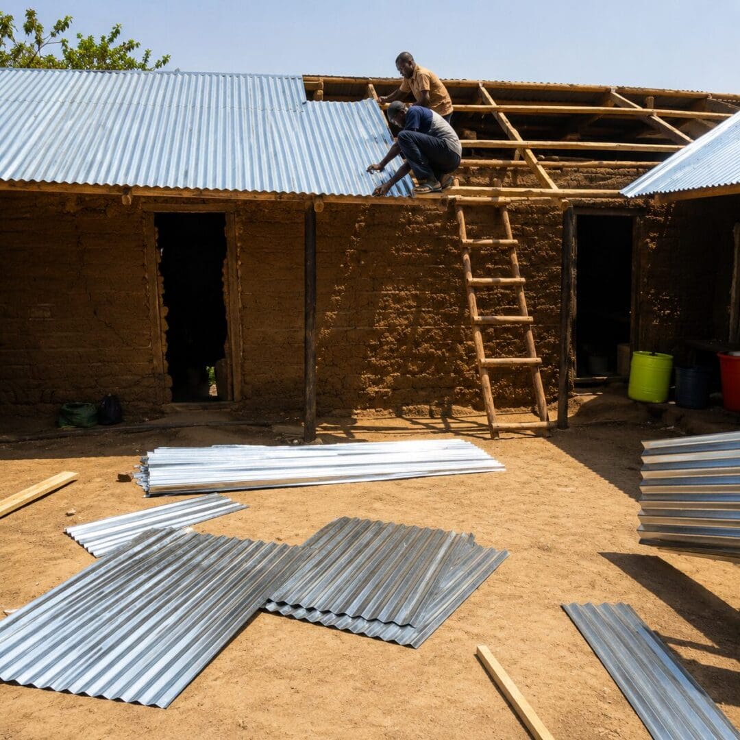 Men installing metal roof sheets